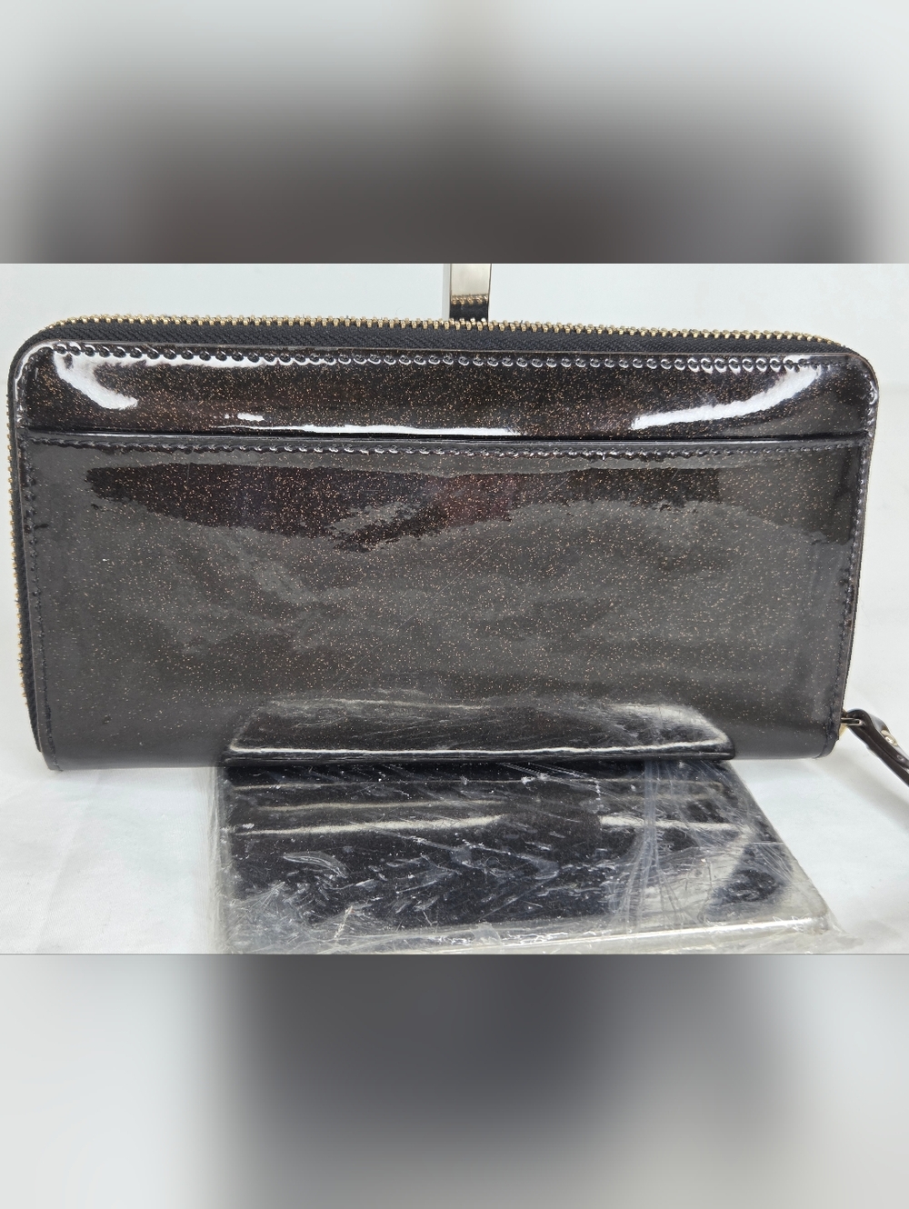kate spade 8"x4" inch Brown Glitter Patent Zip Wallet with Gold Spade Logo - Picture 2 of 16